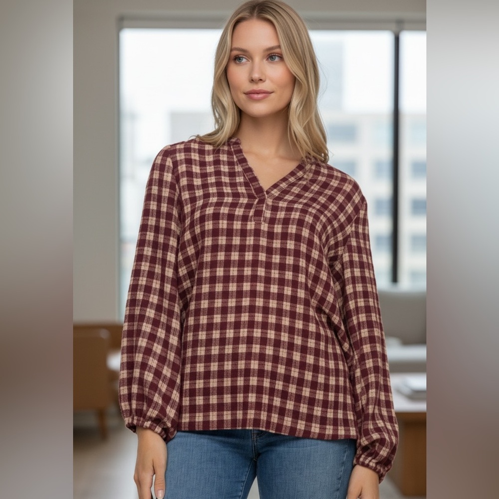 Felina Lurex Plaid Shimmer Top Red Burgundy Size Large NWT